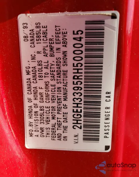 1994 Honda Civic Si z USA, uszkodzony, nr VIN 2HGEH3395RH500045